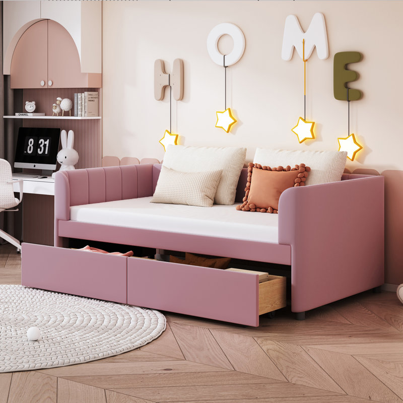 Twin Size Upholstered Daybed With Ergonomic Design Backrest And 2 Drawers, Pink, Pink