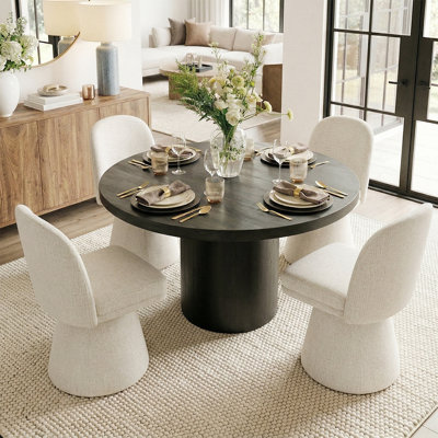 Ensemble de table de salle à manger pour 4 personnes avec table ronde en bois massif et 4 chaises rembourrées en tweed