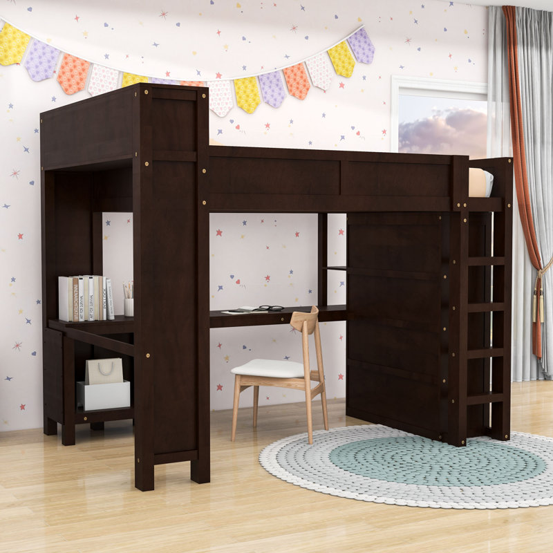Multi-Functional Queen Size Loft Bed with Built-in Desk, Wardrobe and Storage Shelf, Brown