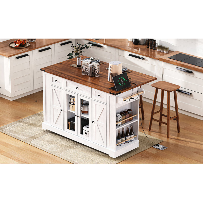 53'' Farmhouse Kitchen Island With Two Tempered Glass Cabinet Doors, Power Outlet, Rolling Kitchen Cart On Wheels With Drop Leaf, 5 Open Side Racks, 3 Drawers, For Kitchen, Dining Room, White