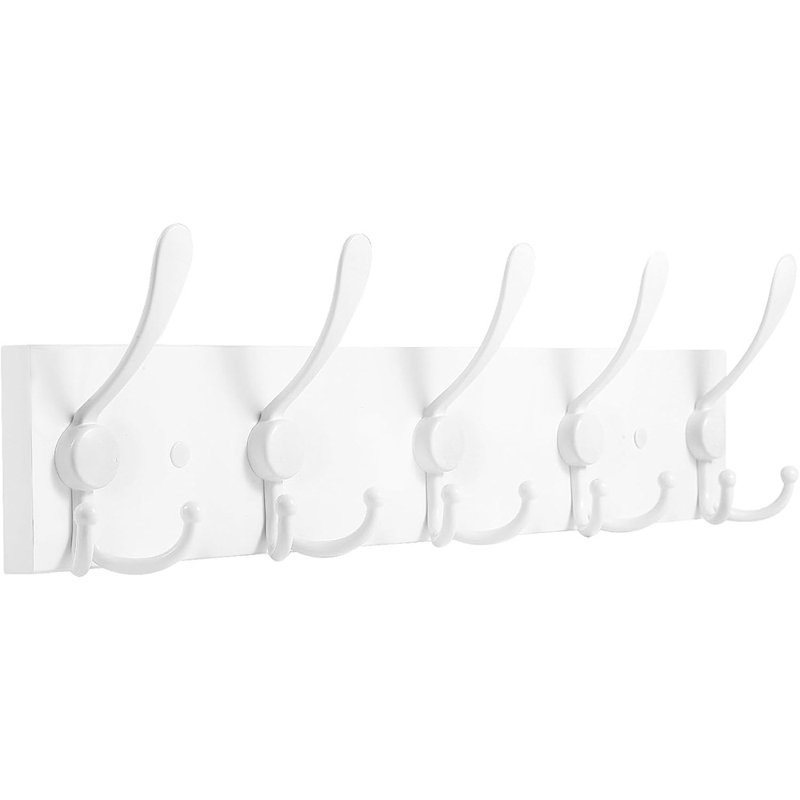 Portemanteau mural - planche de bois de pin blanc avec 5 crochets pour manteaux, chapeaux, vestes
