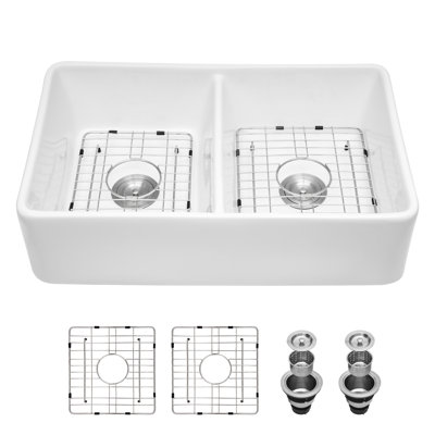 32 Inch Ceramic Double Bowl Kitchen Sink - White, Scratch , Stain Heat To 550 Degrees, Graceful 32" White And Tolerant Enchanting