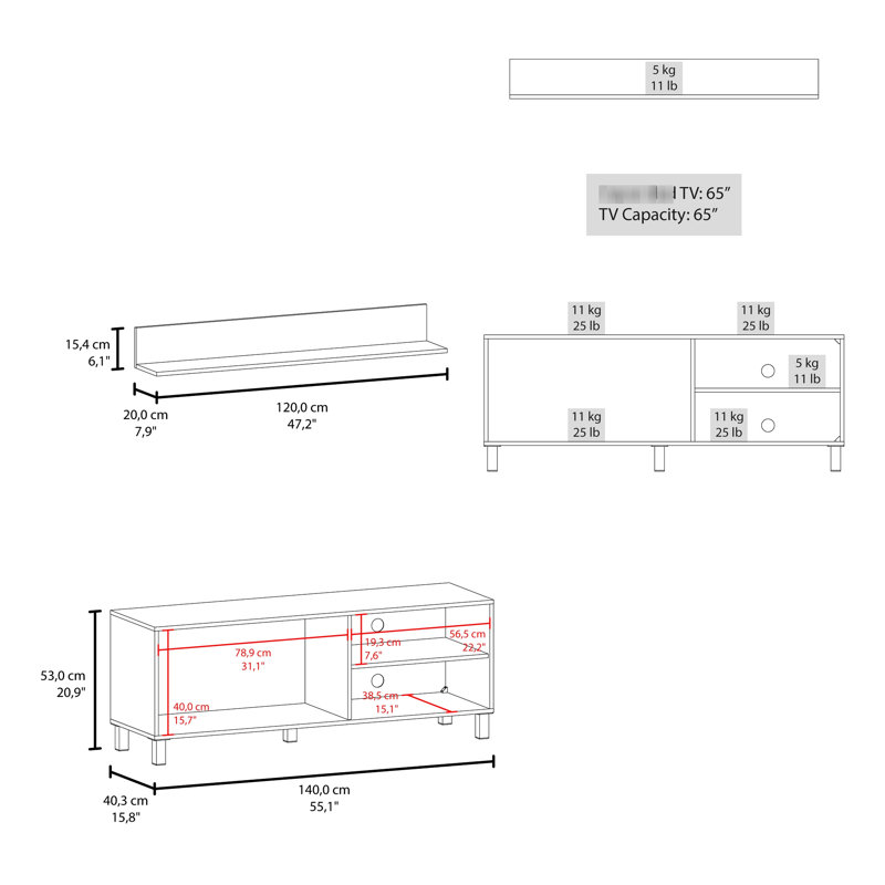 Meuble télé blanc avec surface et espace de rangement ouvert, conception à 1 porte pour optimiser l'espace, changement de hauteur confortable des accoudoirs, décoration intérieure idéale, matériau en panneau de particules, hauteur de 20,9 po