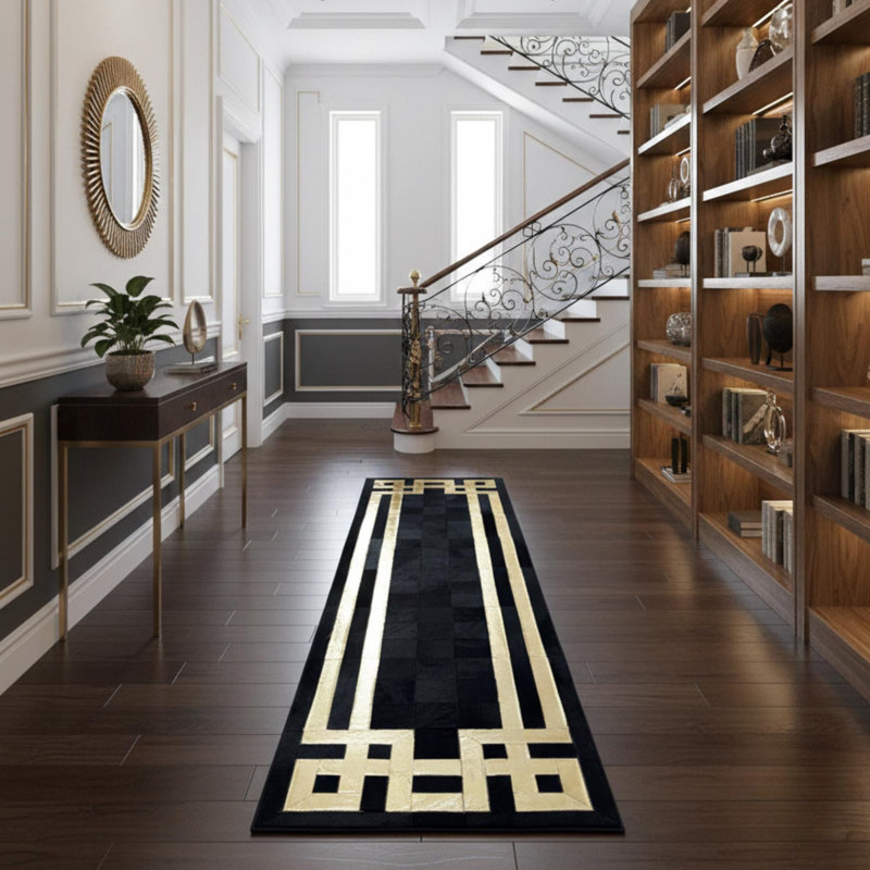 Tapis de course en cuir de vache noir et doré, tapis en cuir de luxe, tapis à bordure dorée,