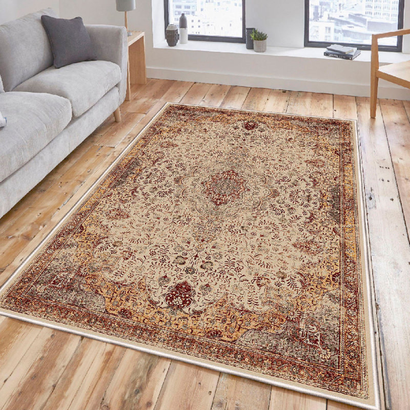 Premium 100% Cotton Area Rug, 31.5 x 59.1 Inches | Antibacterial, Non-Slip PVC Underside, 0.4 in Pile Height | Machine Washable, Elegant Beige, Red & Camel Colors | Perfect for Living Room & Bedroom Decor
