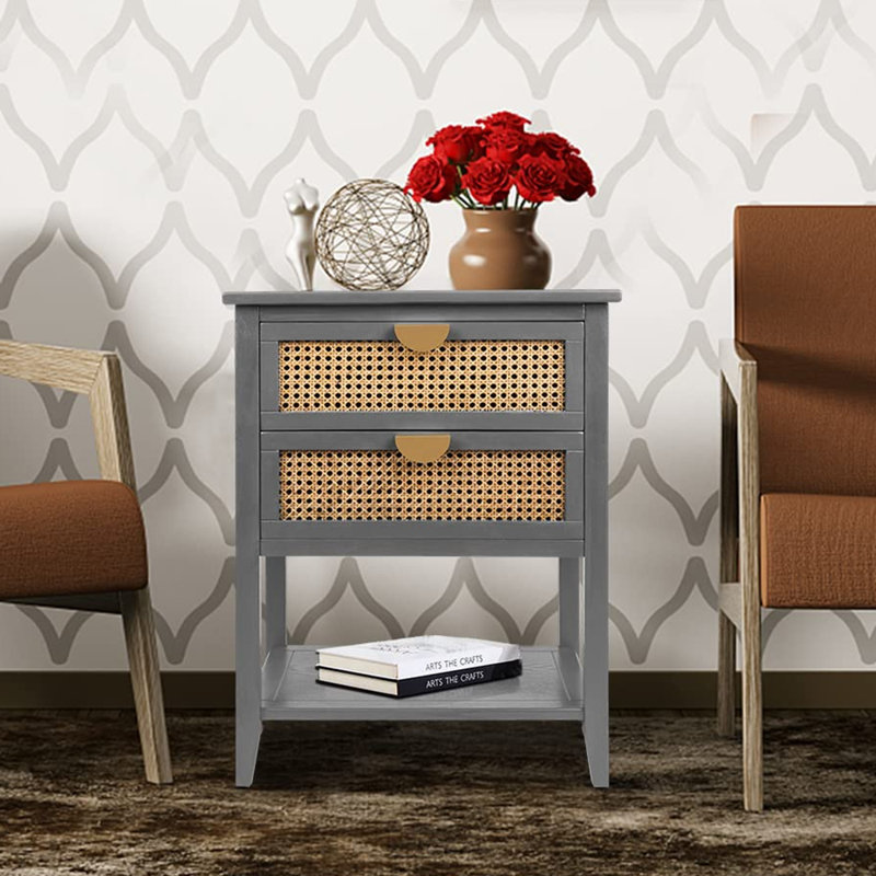 Master Classical Nightstand with 2 Rattan Drawers, Bedside Table with Storage, End Table, Gray