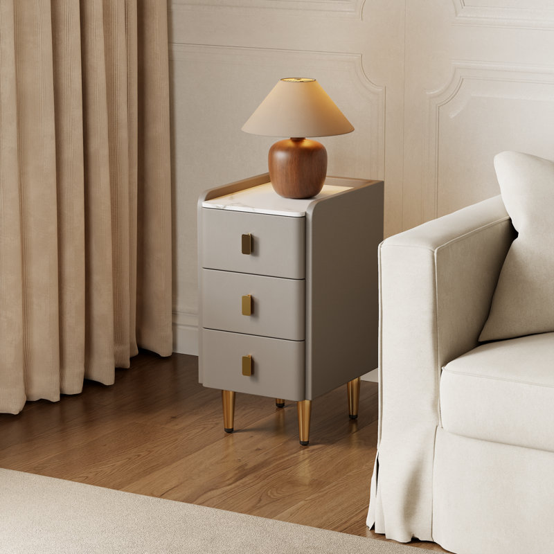 Solid Wood Core Leather Upholstered Faux Marble Top Nightstand - Quick Leg Assembly Only, Gray, 11.8" W