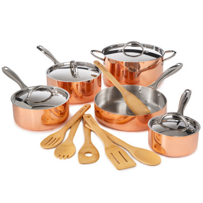 Ensemble de batterie de cuisine en cuivre poli à trois épaisseurs 15 pièces BergHOFF avec ustensiles de cuisine en bambou