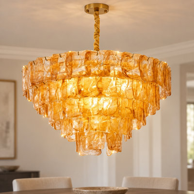Lustre moderne à plusieurs niveaux en verre ambré texturé de 50 cm (19,7 po) avec finition dorée