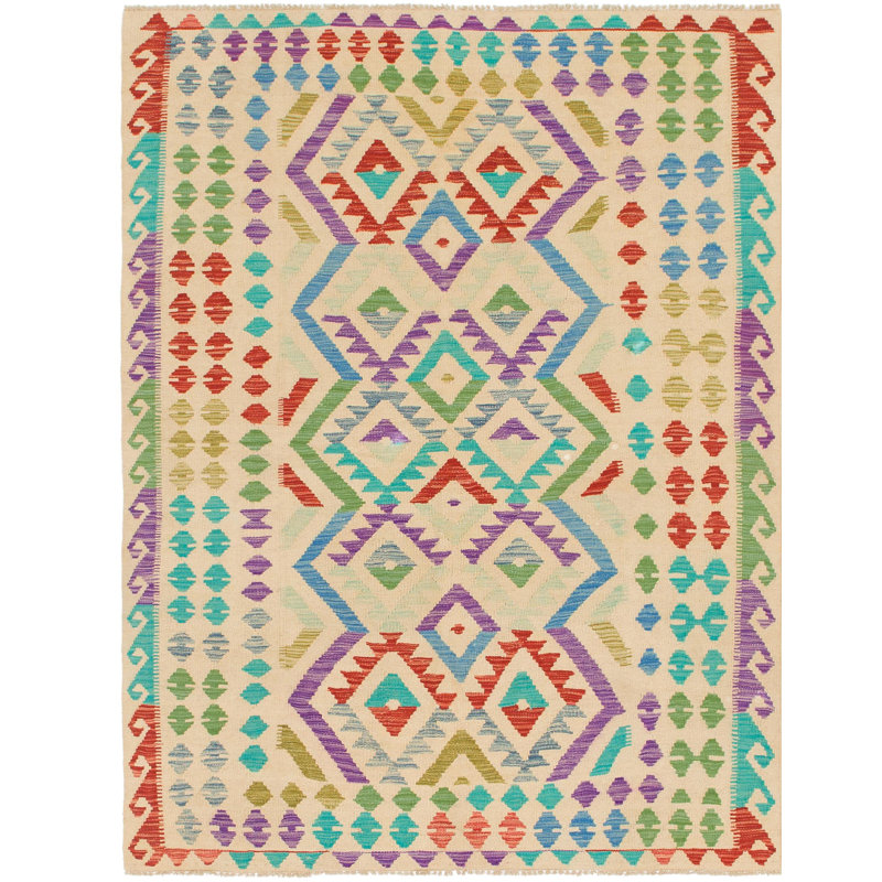 Tapis de zone en laine rouge/beige/bleu 4 pi 10 po x 6 pi 5 po one-of-kind-noué la main Lorain