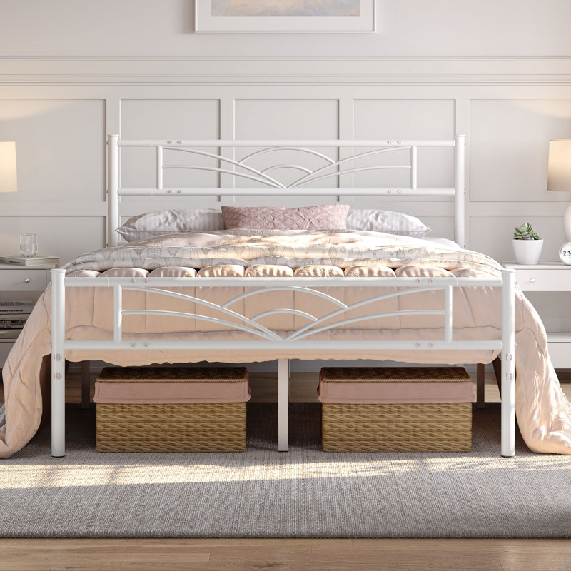 Lit plateforme en métal avec tête de lit Andray, Lit double, Blanc