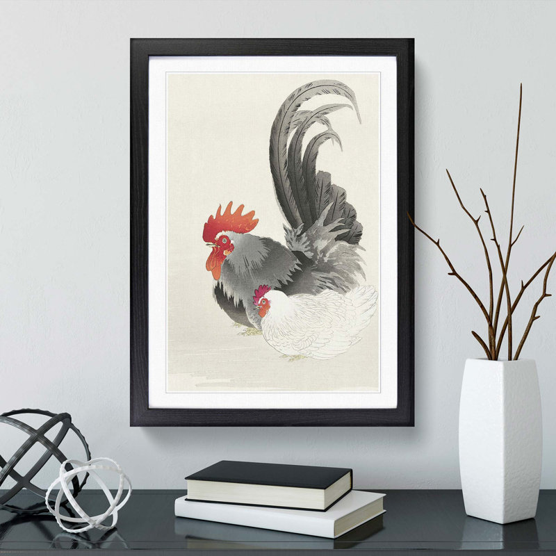 Rooster & Hen by Ohara Koson - Picture Frame Graphic Art Print, Black, 50cm H x 35cm W x 2cm D