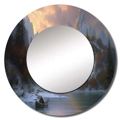 Pontias Early Morning View Of Lake And Moutains - White Unique Wall Mirror, Traditional Round Mirror, Printed Metal Art