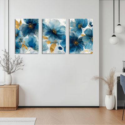 «Blue Floral», ensemble de 3 reproductions d'art sur toile tendues