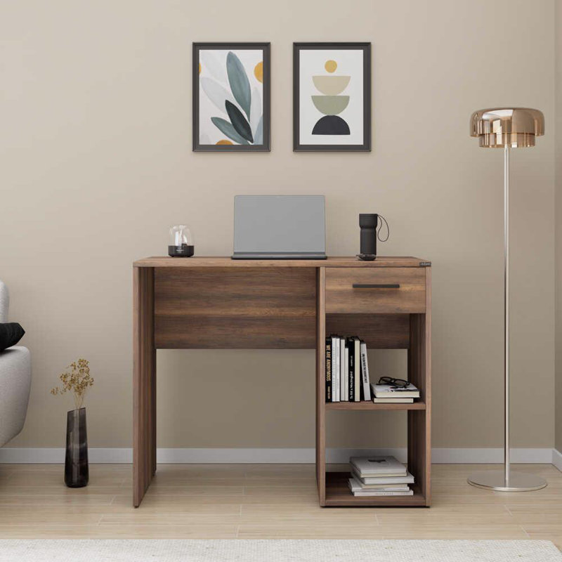Matt White Study Desk with Drawer & Shelves, Brown