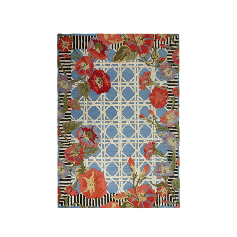 Tapis bleu tissé à motif coquelicot, Rectangle 3 pi 9,81 po x 4 pi 11,06 po