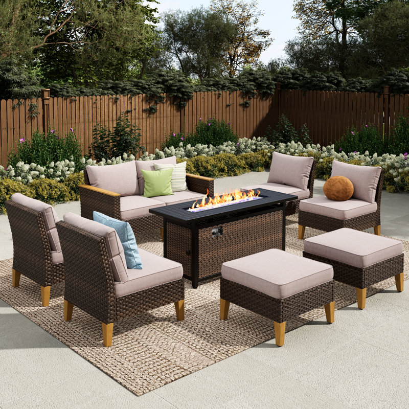 Argyri 8-Piece Wicker Outdoor Patio Conversation Furniture Sectional Set with Fire Pit Table, Yes, Beige