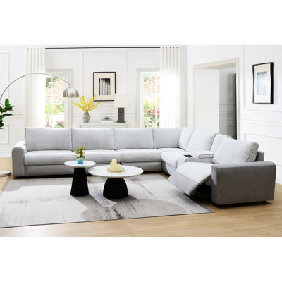 Canapé modulaire inclinable électrique à 6 places avec siège à ressorts ensachés Grey & Velvet, structure intérieure en bois, coussins de dossier étroits, porte-gobelet console, chargement sans fil, port, 220 lb par 20 po de hauteur, 162,76 po