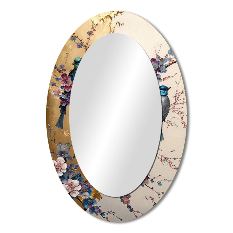 Multicolore oiseaux sur prunier II - grand miroir mural ovale sur métal, 36 po x 24 po