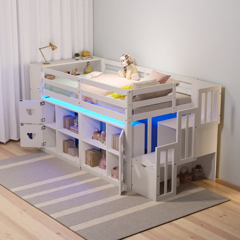 LIT DE LIT DOUBLE DE BASSE AVEC TABLETTES, TÊTE DE RANGEMENT ET escalier, Blanc