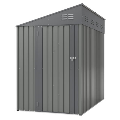 4X7 Foot Lean-To Shed In Olive Grey, Heavy-Duty Steel Outdoor Storage For Garden Tools & Bicycles, Maximize Your Backyard & Patio Space With All-Weather Protection