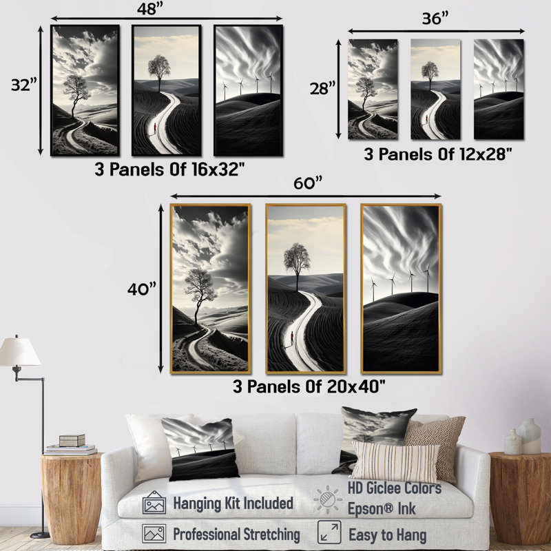 Route, noir et blanc, paysage d'imitation, ensemble de 3 impressions sur toile, Cadre flottant noir, H 40 po x l 60 po