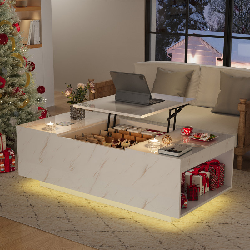 Lift Top High-Gloss Coffee Table With Sliding Drawer And Hidden Storage, 16-Color LED Lights, Wireless Charging & Integrated Speaker