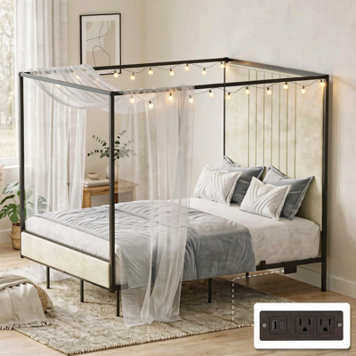 Canopy Bed Frame with Charging Station and RGB LED Strip Lights, 4-Poster Platform Bed with Upholstered Headboard, Heavy-Duty Steel Slats, No Box Spring Needed