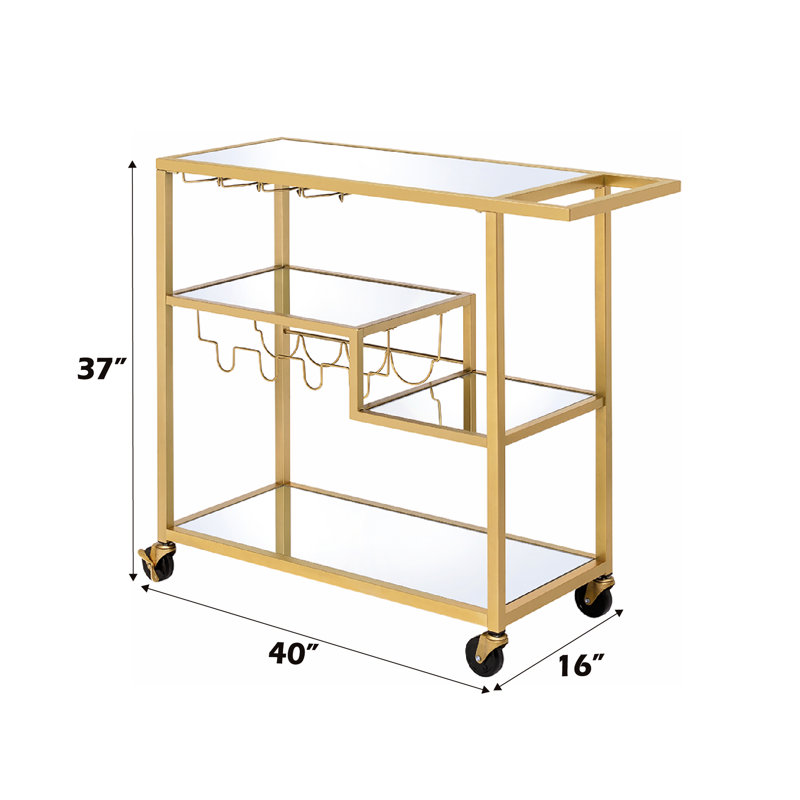 Chariot de service avec miroir à finition champagne avec rangement pour verres, dessus de miroir de 5 mm, cadre en métal, support pour bouteilles de vin / verres à pied, roulettes, 3 compartiments ouverts, limite de poids de 70 lb, limite de tablette de 40 lb