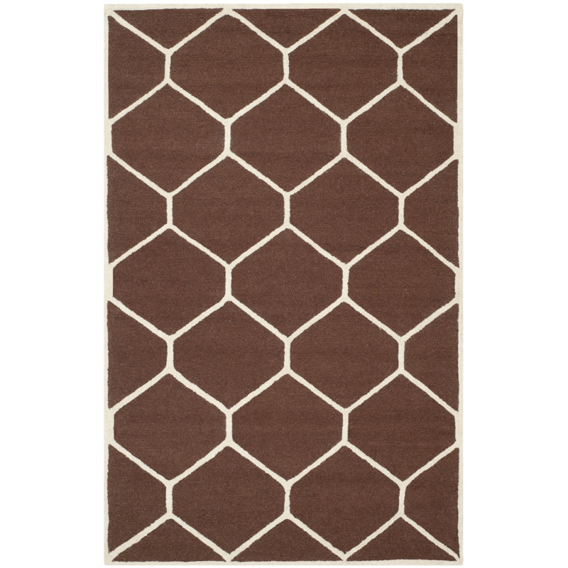 Hand-Tufted Dark Brown and Ivory Wool Geometric Rug, 4' x 6'