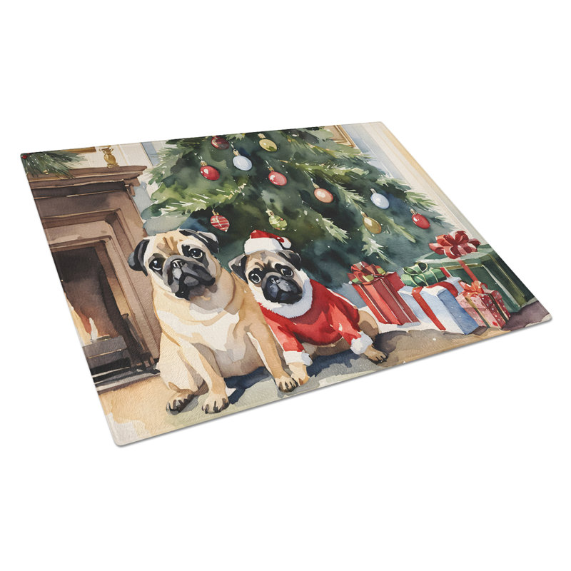 Pug Cozy Christmas Glass Cutting Board Large