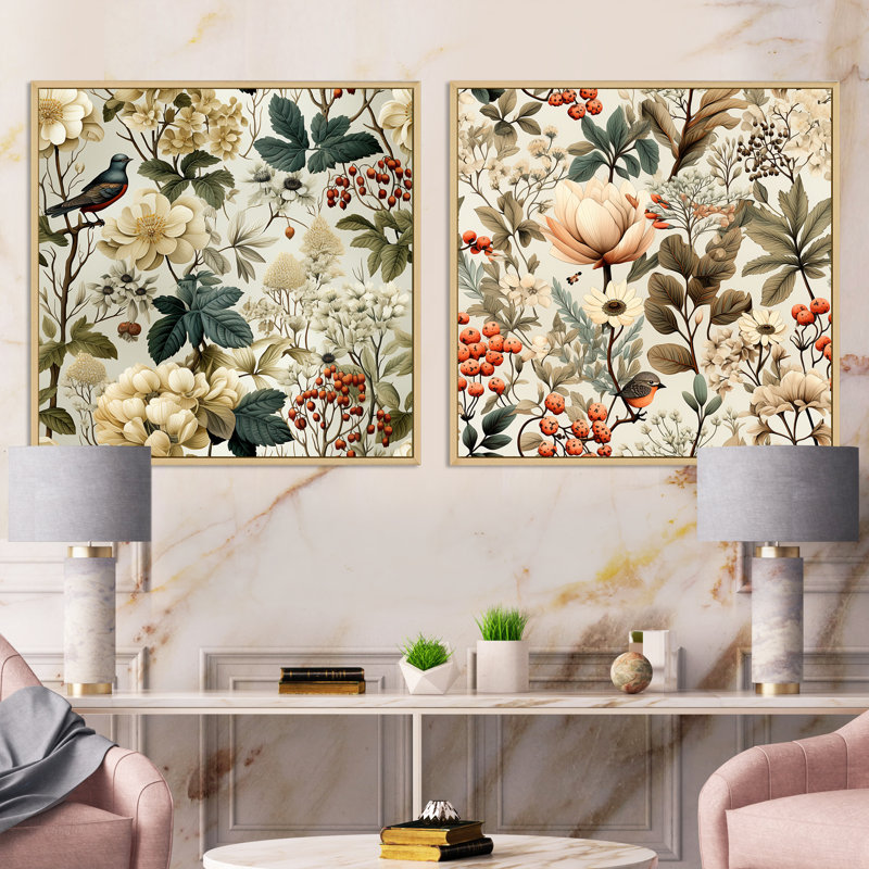 Tressie - Ensemble de 2 collages carrés floraux, Cadre flottant brun, H 16 po x l 33 po