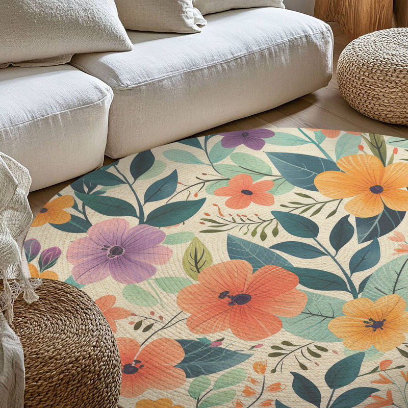 Tapis tressé pétales en pleine floraison, Rond 5 pi