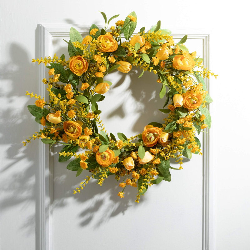 Couronne de renoncule artificielle; Jaune, L 24 po x H 24 po x P 4,5 po