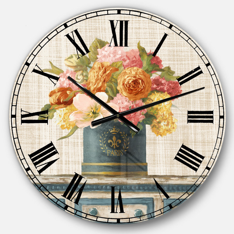 Tulipes dans une boîte à chapeau bleu sarcelle et or sur toile de lin - Horloge murale, Moyen