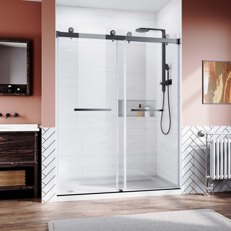 Frameless Sliding Shower Glass Door Thick Clear Tempered Glass,Heavy Duty Stainless Steel Hardwares, Black