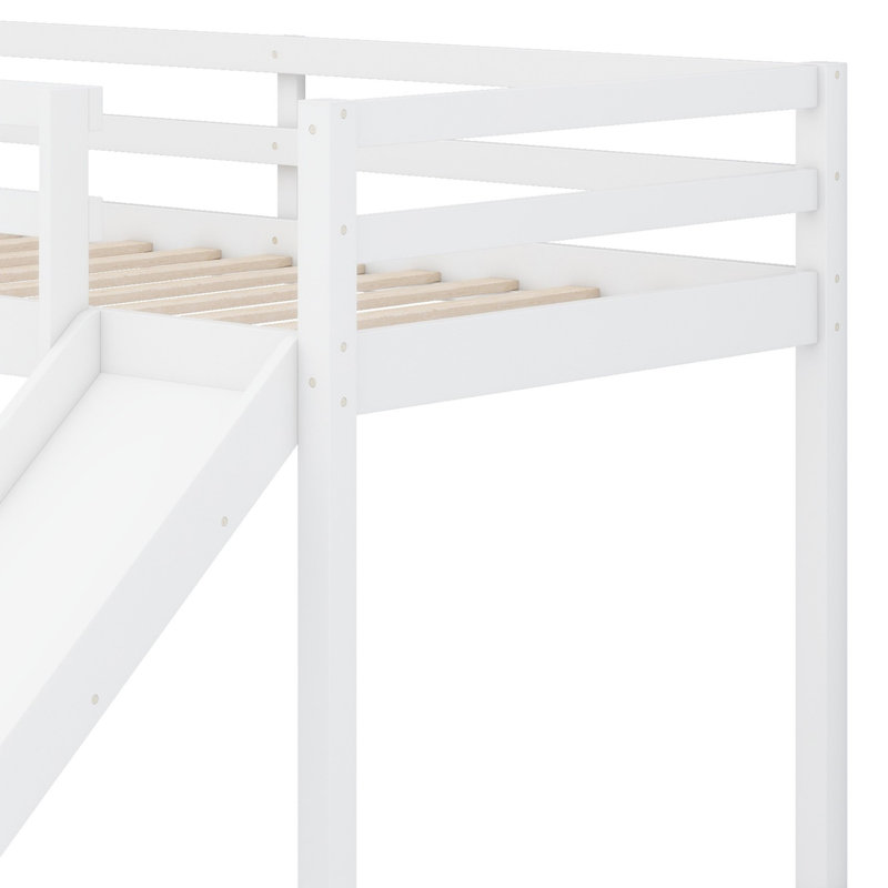 Low Loft Bed With Slide, Ladder, Safety Guardrails, White