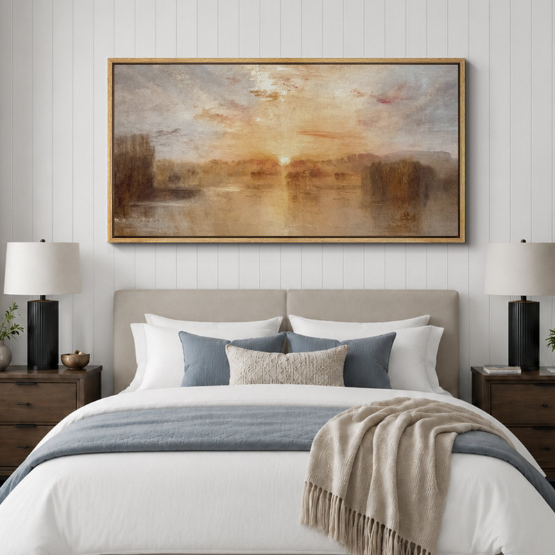 «Golden Lake Sunset», impression sur toile encadrée, décor naturel impressionniste chaleureux, H 30 po x l 60 po, Naturel