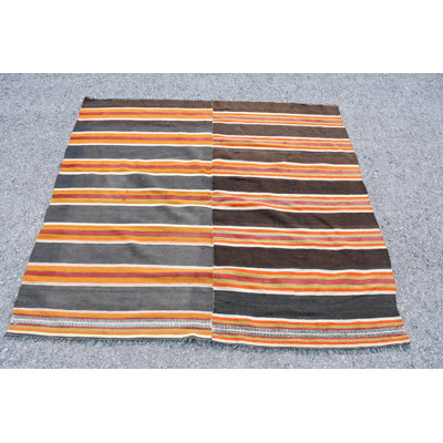 Handmade Turkish Kilim in Vintage Style and Brown Hue for Bedroom Accent with Oushak Design
