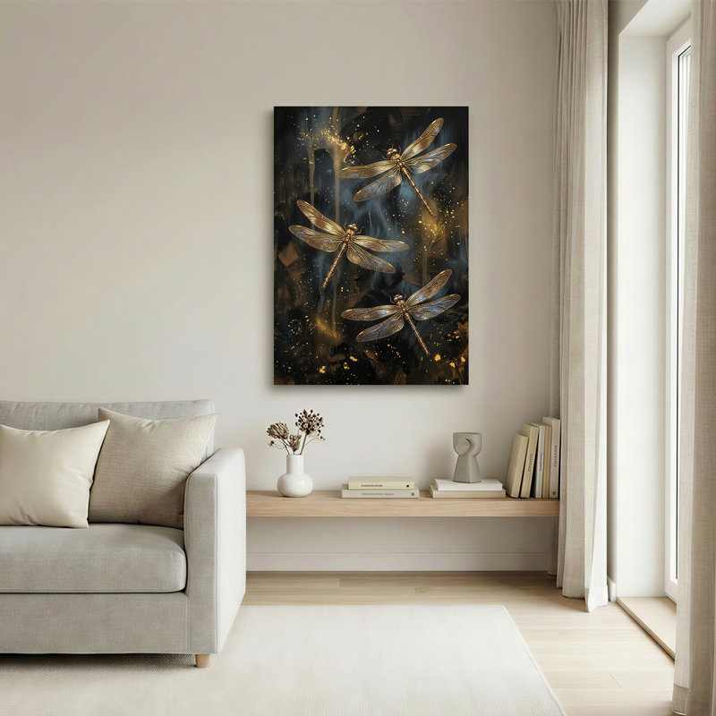 Trois libellules dorées sur fond abstrait bleu foncé, art mural sur toile, 24"H x 18"W