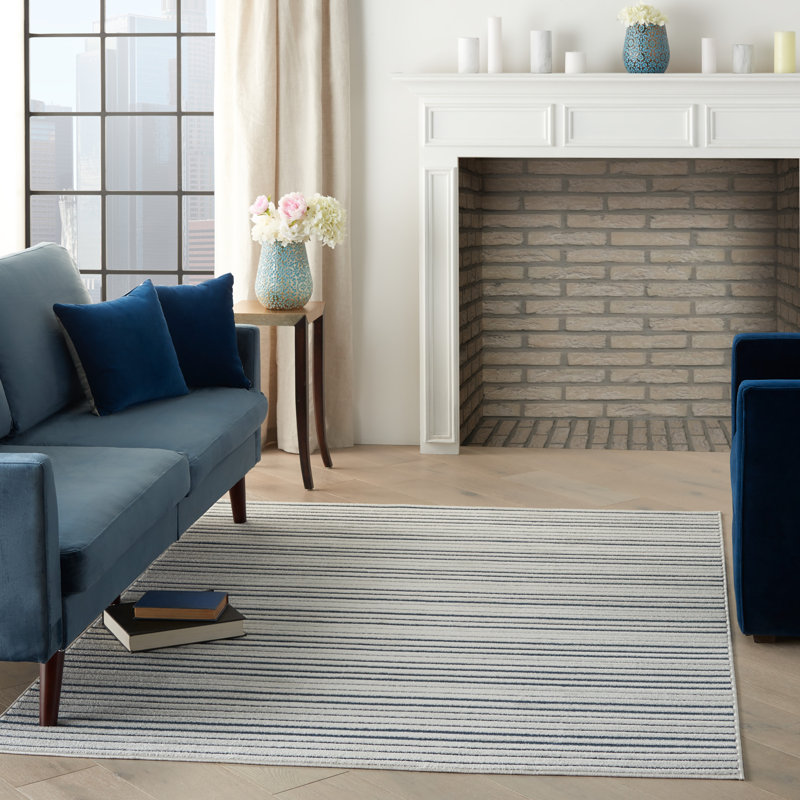 Tapis rayé bleu / blanc Steelman, Rectangle 8 pi 10 po x 11 pi 10 po