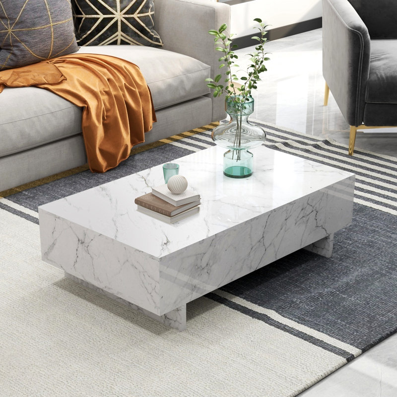 Khiry Sled Marble Rectangle High Gloss Coffee Table Elegant Center Table Side Table, White, 12.2" H x 42.5" L x 22" W