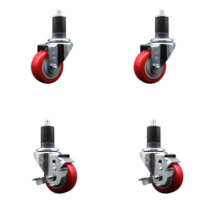 3 Inch Red Poly Wheel Swivel 1-5/8 Inch Expanding Stem Caster Set 2 Brakes SCC