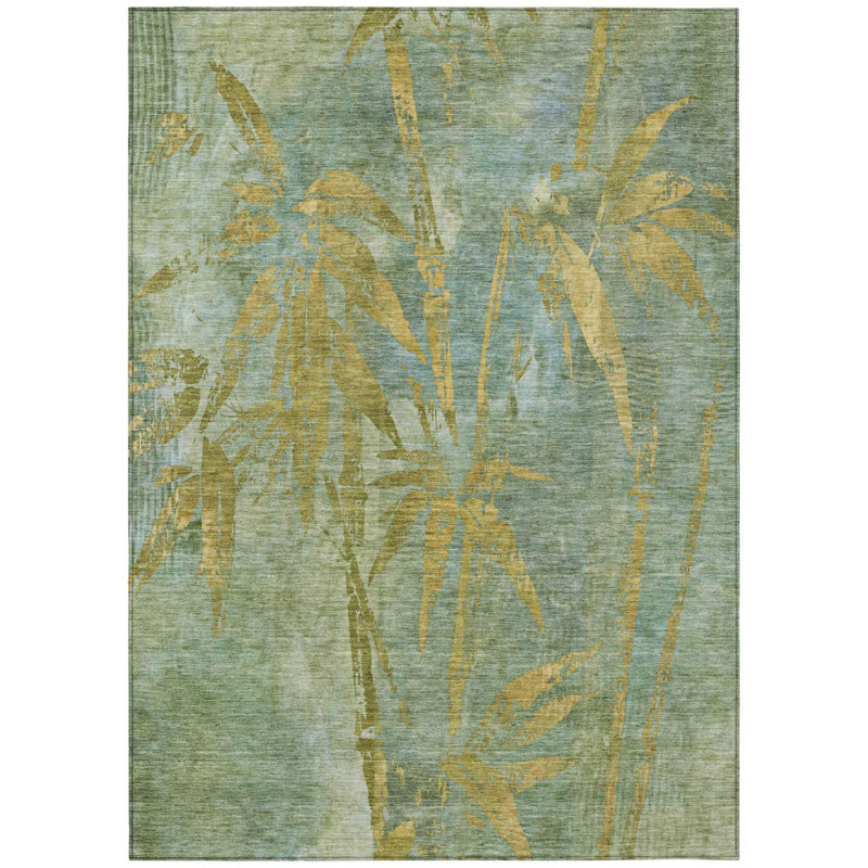 Tapis lavable d'intérieur/extérieur à motif de feuilles botaniques vert artichaut et or (90 x 150 cm).