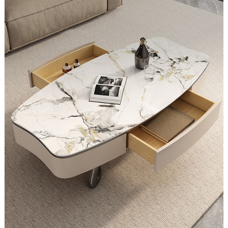 Modern irregular oval stone coffee table, 15.75" H x 47.24" L x 27.56" W