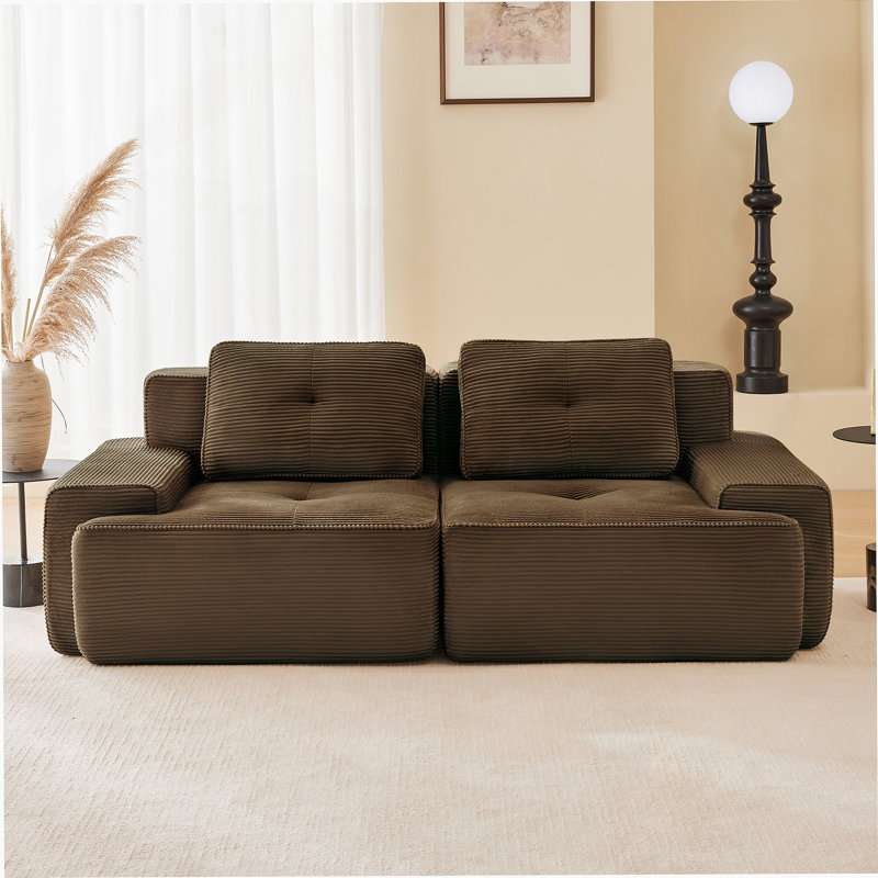 Canapé modulaire en forme de L 82 po, tissu velours côtelé, siège profond, passepoil perlé, conception capitonnée, sans assemblage, base antidérapante, brun