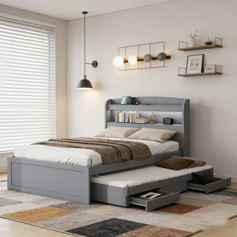 Lit plateforme simple TG avec tête de rangement à DEL et station de charge, Gris