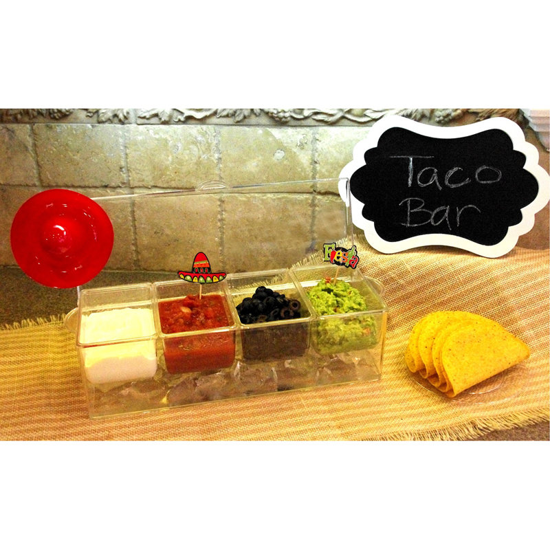 Large Clear Condiment Server Organizer On Ice With Containers And Lid – BPA-Free Serving Bar Compartments And Plastic Box Tray – Chilled Caddy Dispenser Set - Holds 80 Oz Total