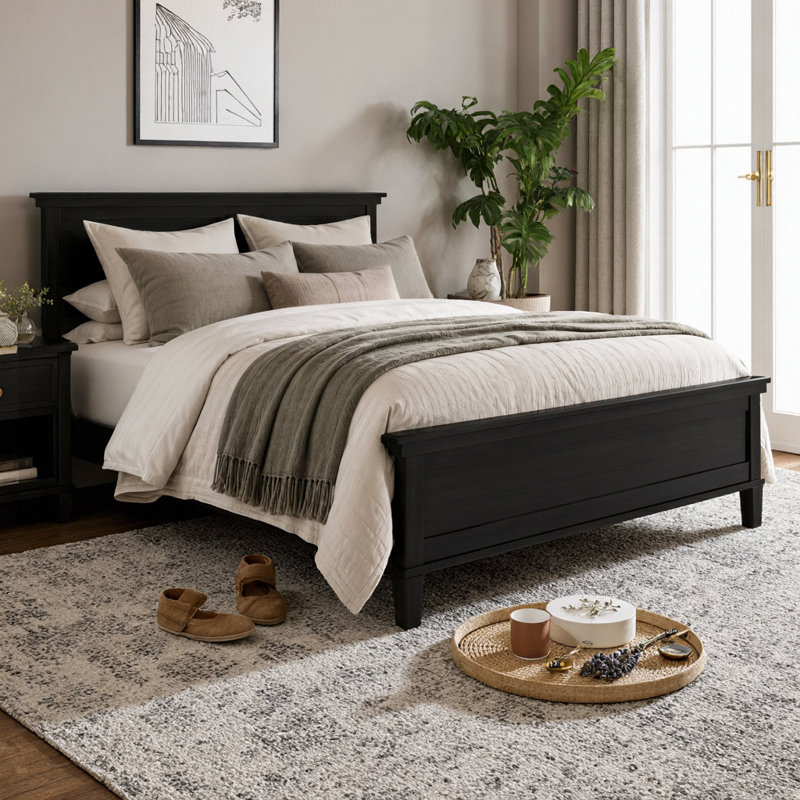 Lit plateforme très grand Mid-Century en bois avec tête de lit, finition noir anthracite, pieds fuselés en pin massif, support à lattes de bois, aucun sommier requis, rangement sous le lit de 8,2 po, capacité de 800 lb