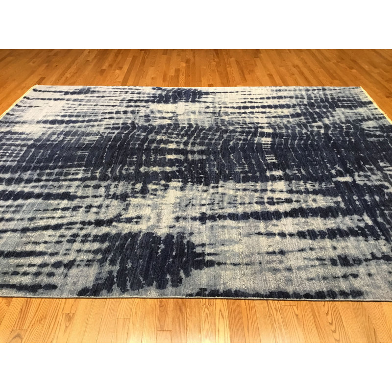 Shibori Hand Knotted Wool Abstract Area Rug in Blue, Rectangle 8' x 10'